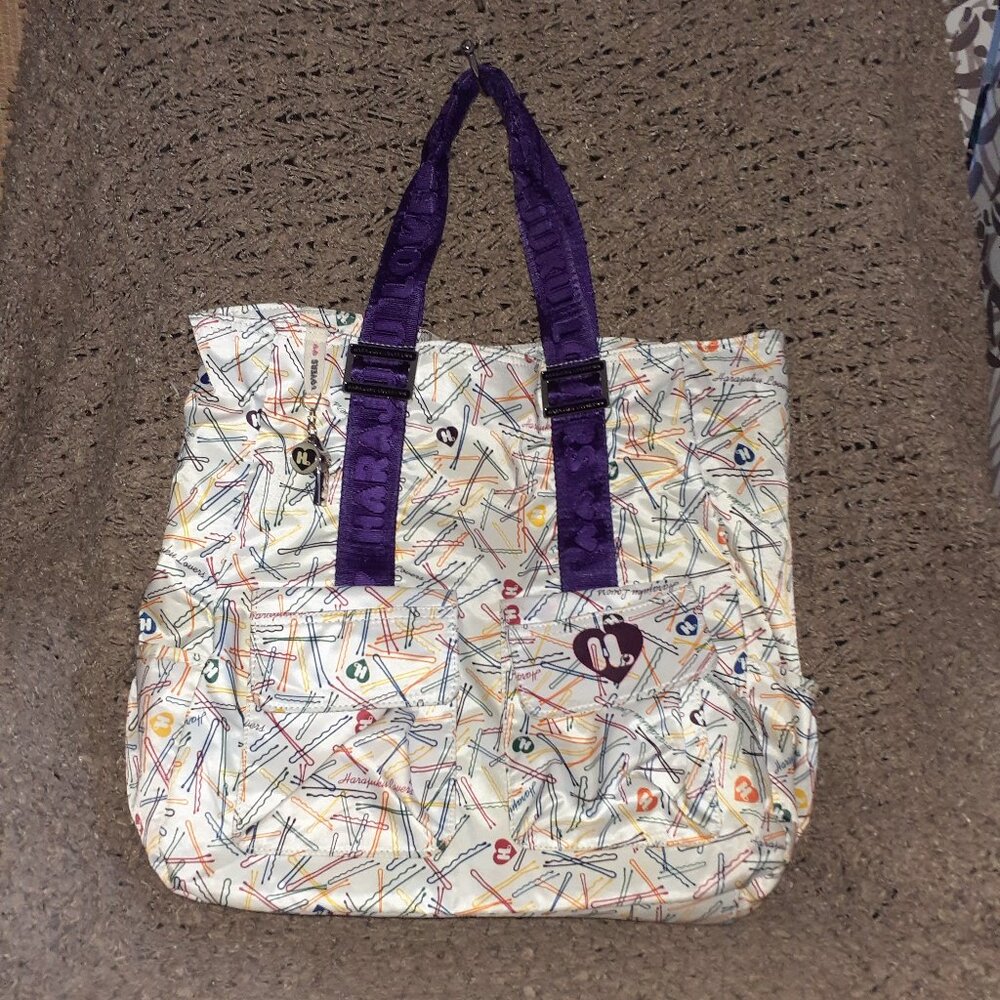 HARAJUKU LOVERS-Large Tote Bag-Bobby/Hair Pin Pattern-Purple Straps-Excellent